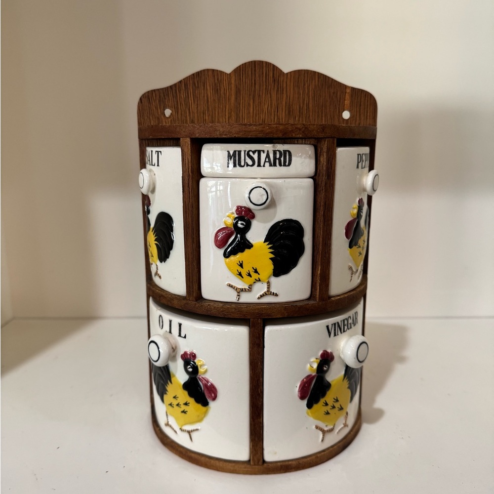 Vintage Rooster Spice Rack with Ceramic Jars